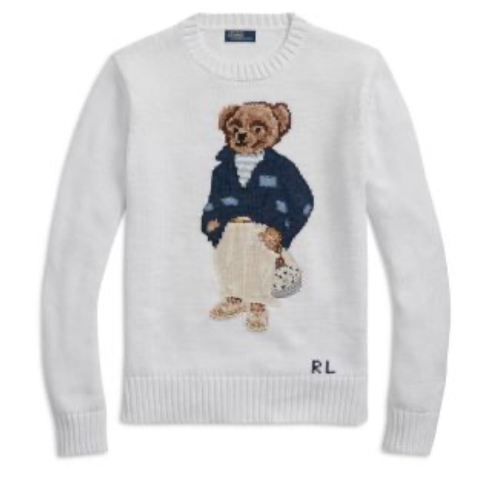 Polo Ralph Lauren Bear Knit Cotton Pullover Sweater, White, Sz Small